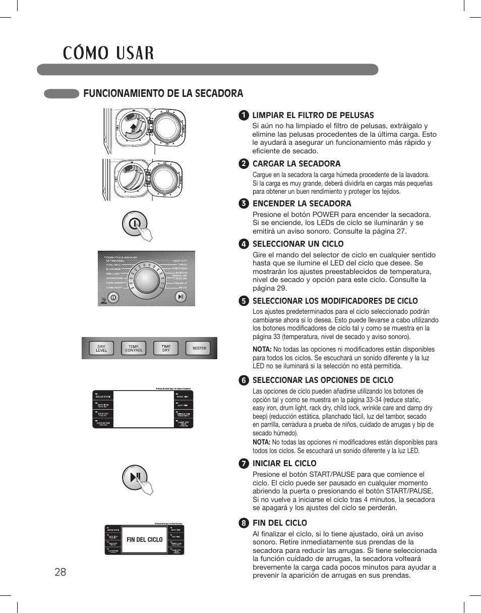 Funcionamiento de la secadora | LG LSDG389VS User Manual | Page 78 / 148