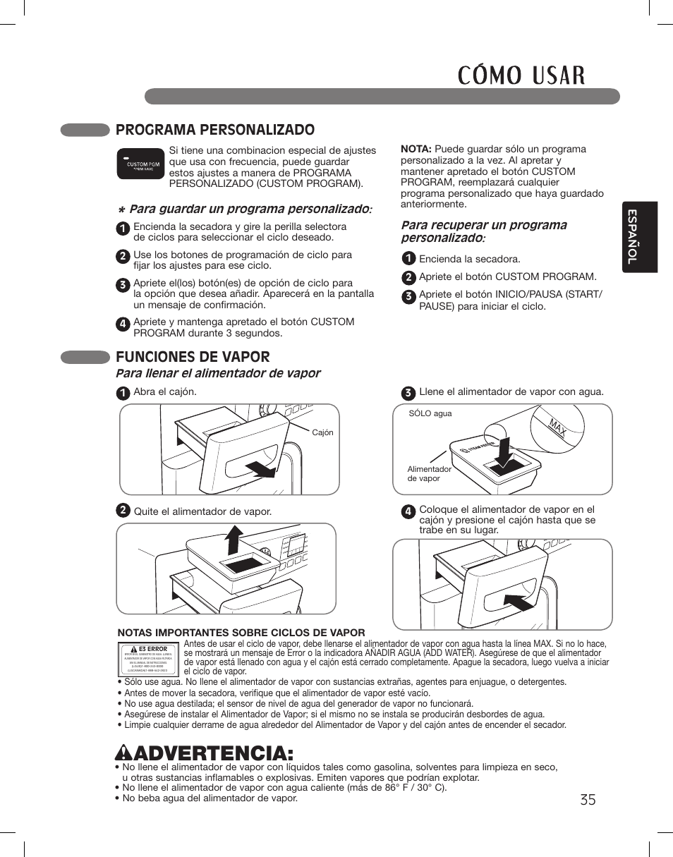 Wadvertencia, Programa personalizado, Funciones de vapor | LG LSDG389VS User Manual | Page 85 / 148