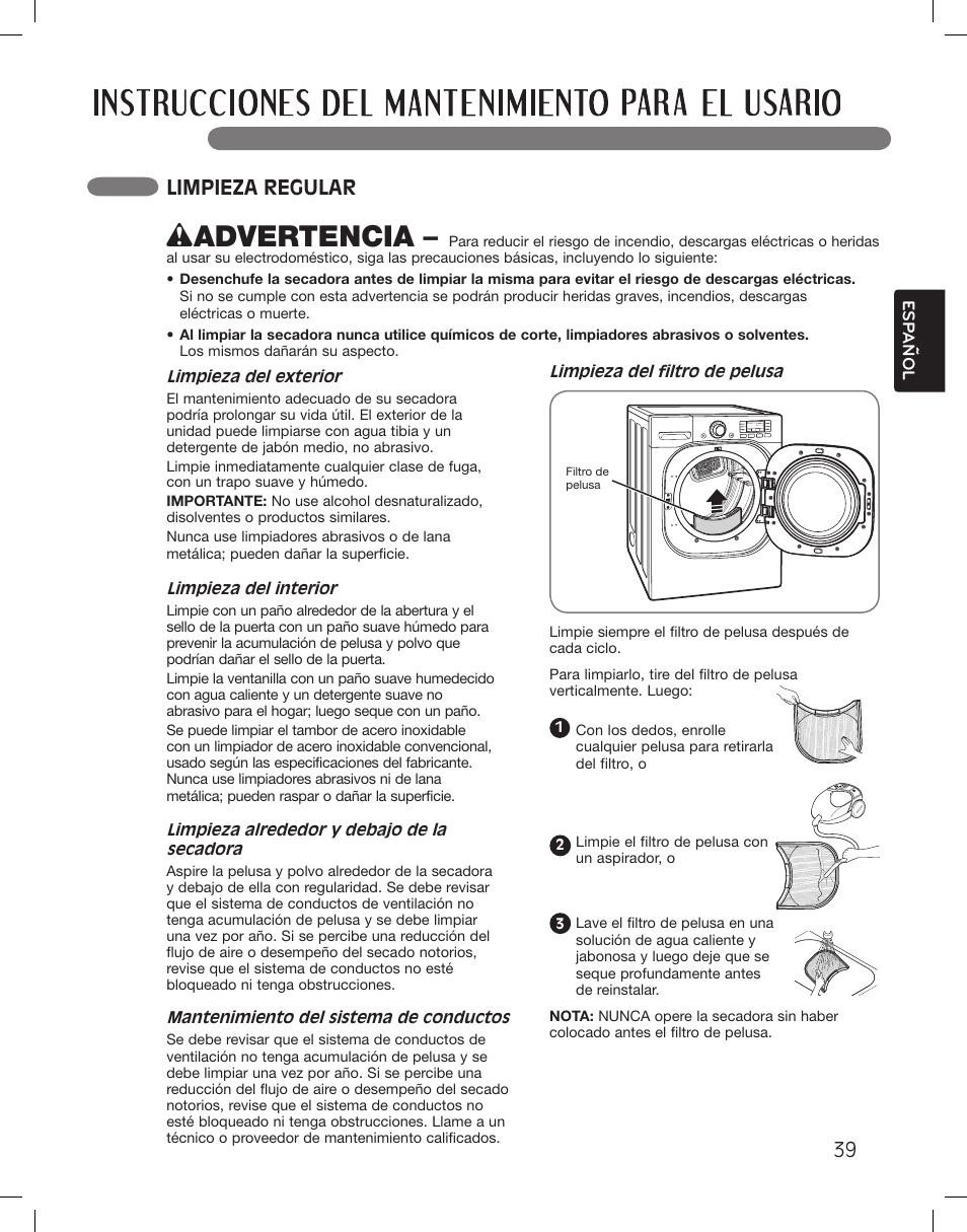 Wadvertencia, Limpieza regular | LG LSDG389VS User Manual | Page 89 / 148