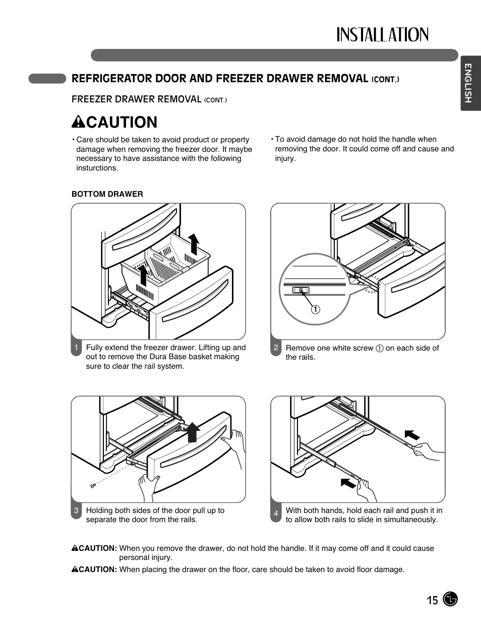 Wcaution, 15 refrigerator door and freezer drawer removal | LG LMX28988SW User Manual | Page 15 / 53