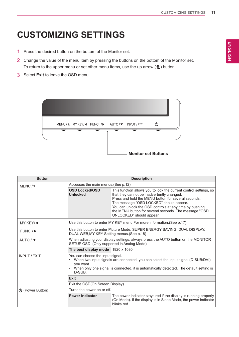 Customizing settings | LG 22EA63T-P User Manual | Page 11 / 28