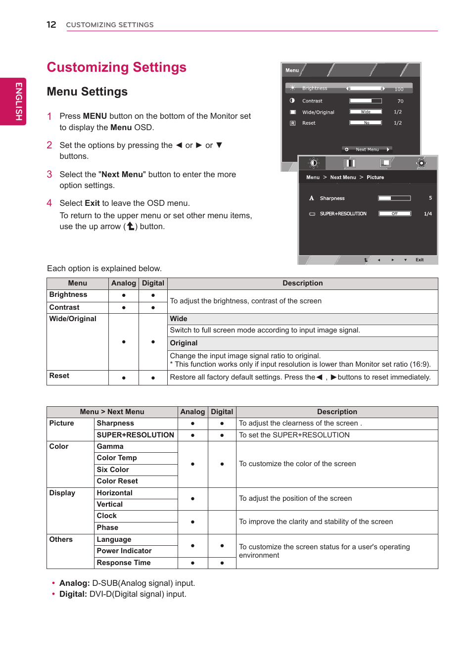 Customizing settings, Menu settings, 12 customizing settings 12 | Menus.(see p.12) | LG 22EA63T-P User Manual | Page 12 / 28