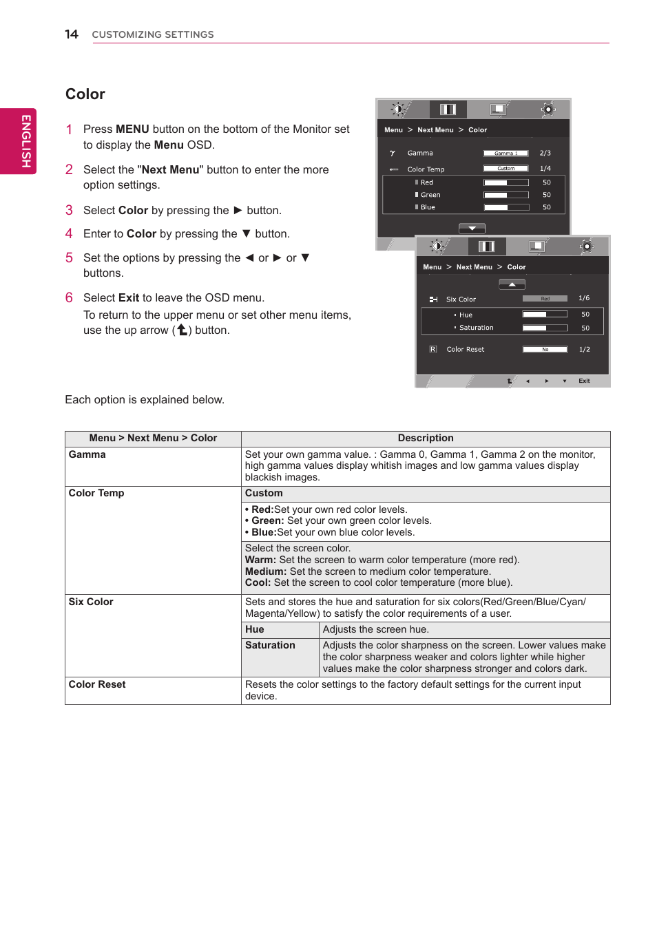Color | LG 22EA63T-P User Manual | Page 14 / 28