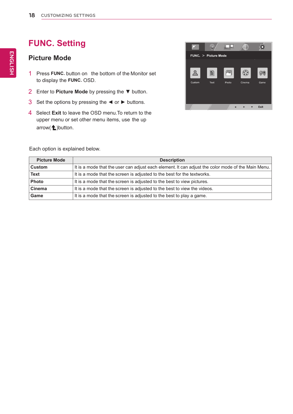 Func. setting, Picture mode, 18 func. setting 18 | See p.18 | LG 22EA63T-P User Manual | Page 18 / 28