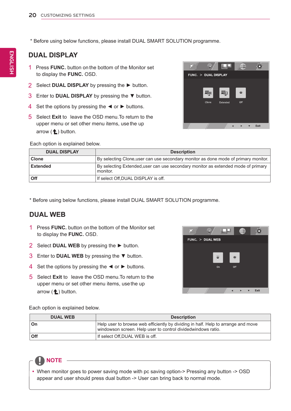 Dual display, Dual web | LG 22EA63T-P User Manual | Page 20 / 28