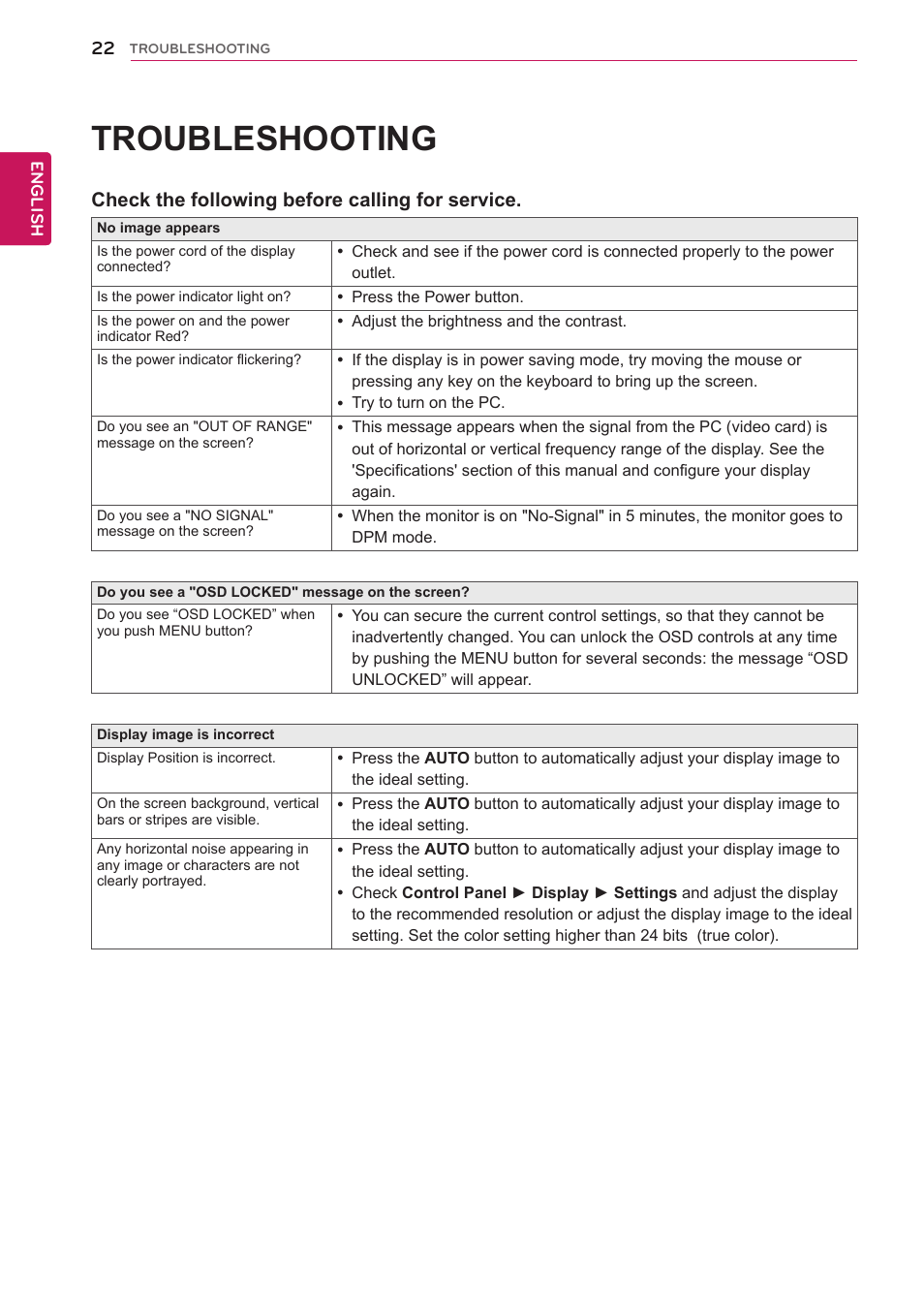 Troubleshooting, Check the following before calling for service | LG 22EA63T-P User Manual | Page 22 / 28