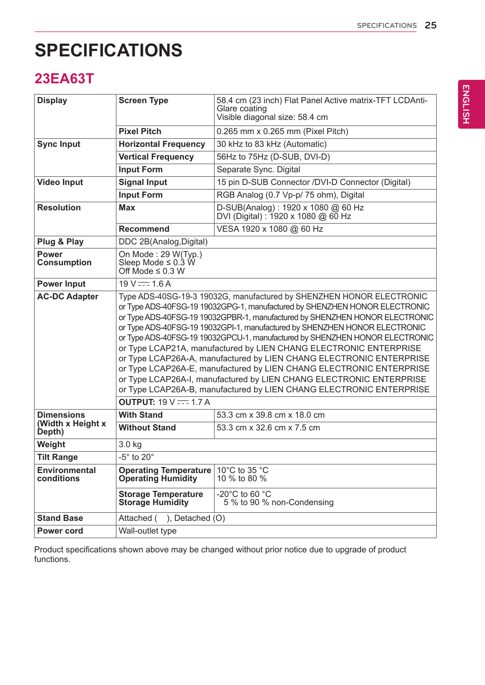 23ea63t, 25 23ea63t, Specifications | LG 22EA63T-P User Manual | Page 25 / 28