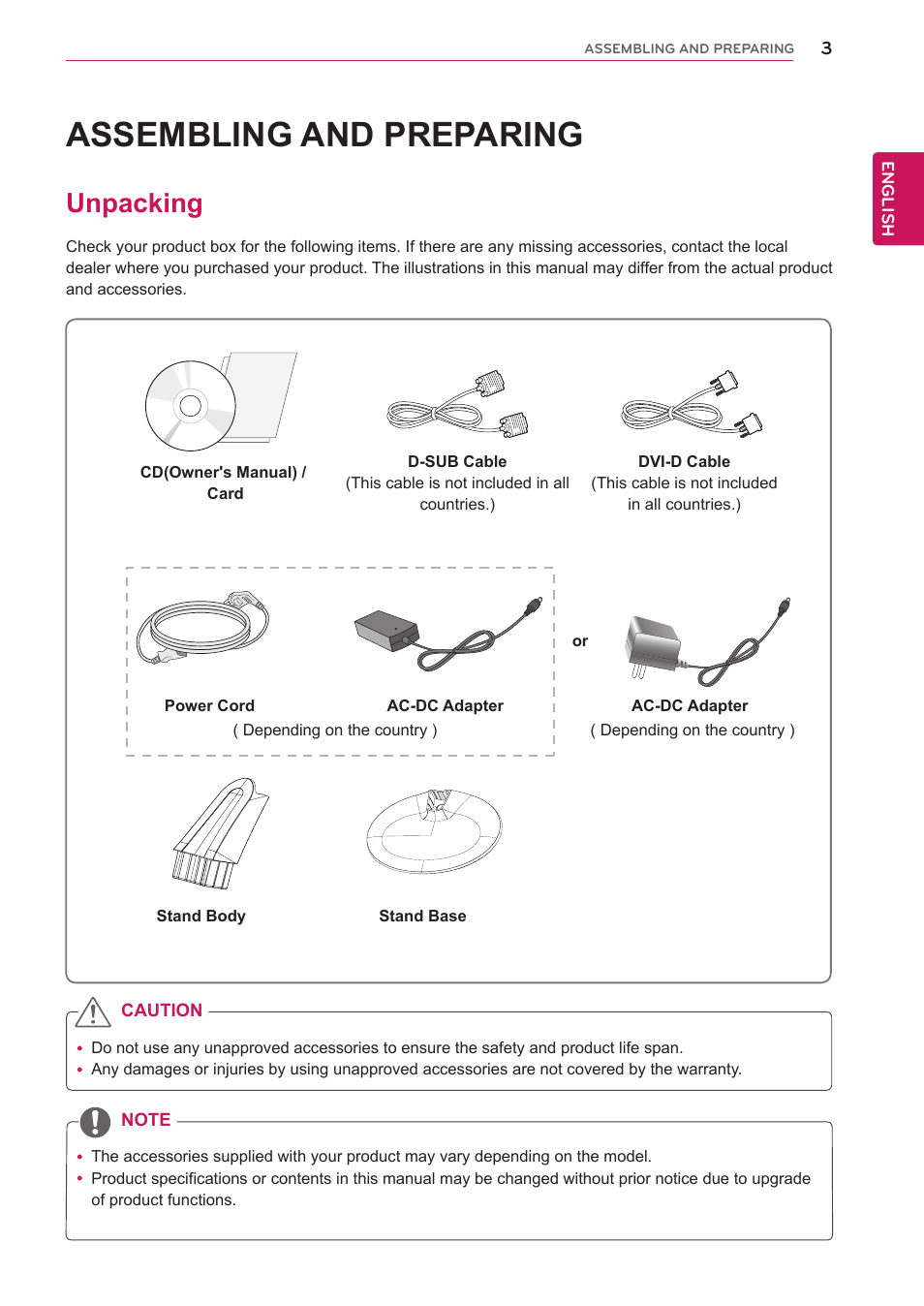 Assembling and preparing, Unpacking, Assembling and prepar | LG 22EA63T-P User Manual | Page 3 / 28