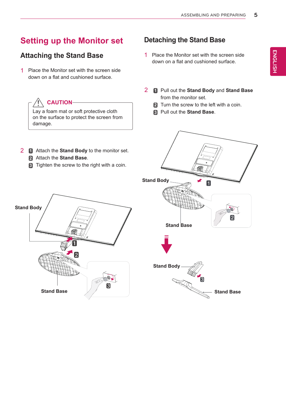 Setting up the monitor set, Attaching the stand base, Detaching the stand base | LG 22EA63T-P User Manual | Page 5 / 28