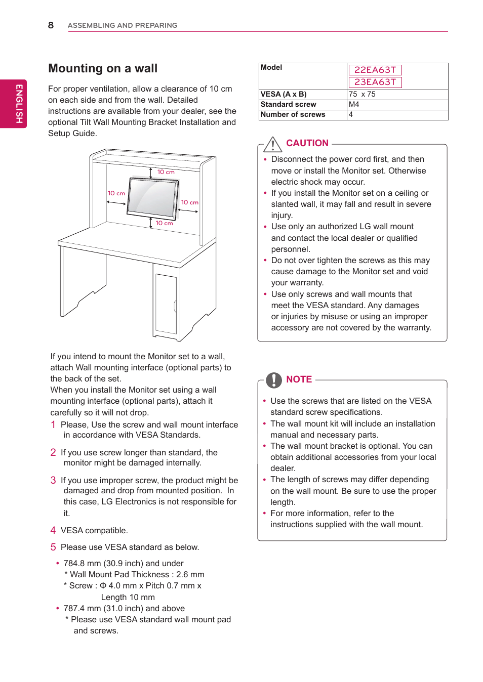 Mounting on a wall | LG 22EA63T-P User Manual | Page 8 / 28