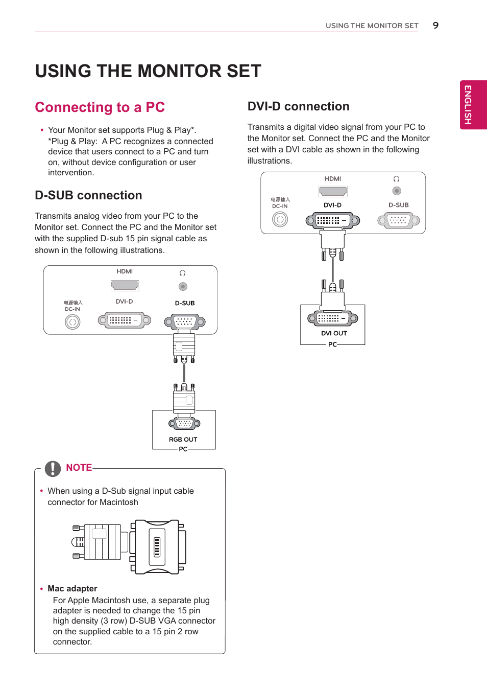 Using the monitor set, Connecting to a pc, D-sub connection | Dvi-d connection | LG 22EA63T-P User Manual | Page 9 / 28