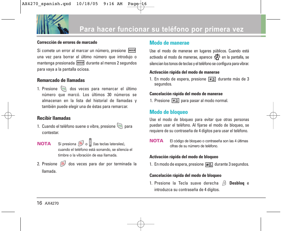 Para hacer funcionar su teléfono por primera vez, Modo de manerae, Modo de bloqueo | LG LGAX4270 User Manual | Page 104 / 175