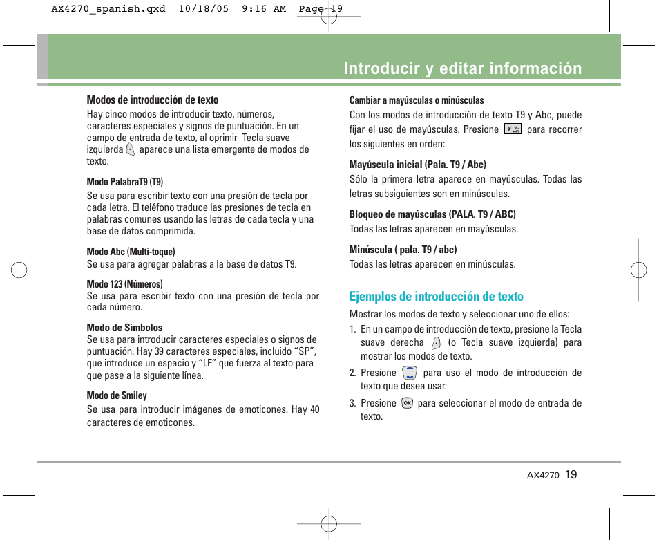 Introducir y editar información, Ejemplos de introducción de texto | LG LGAX4270 User Manual | Page 107 / 175