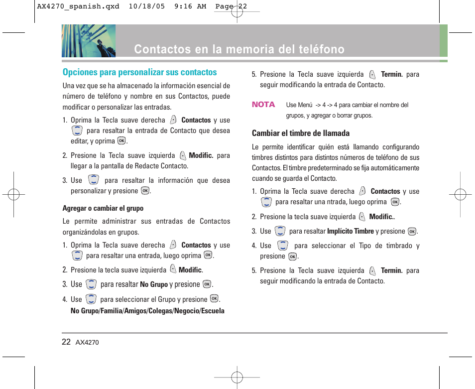 Opciones para personalizar sus contactos | LG LGAX4270 User Manual | Page 110 / 175