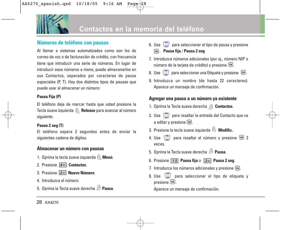 Números de teléfono con pausas | LG LGAX4270 User Manual | Page 116 / 175