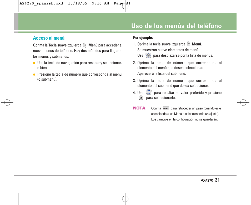 Uso de los menús del teléfono, Acceso al menú | LG LGAX4270 User Manual | Page 119 / 175