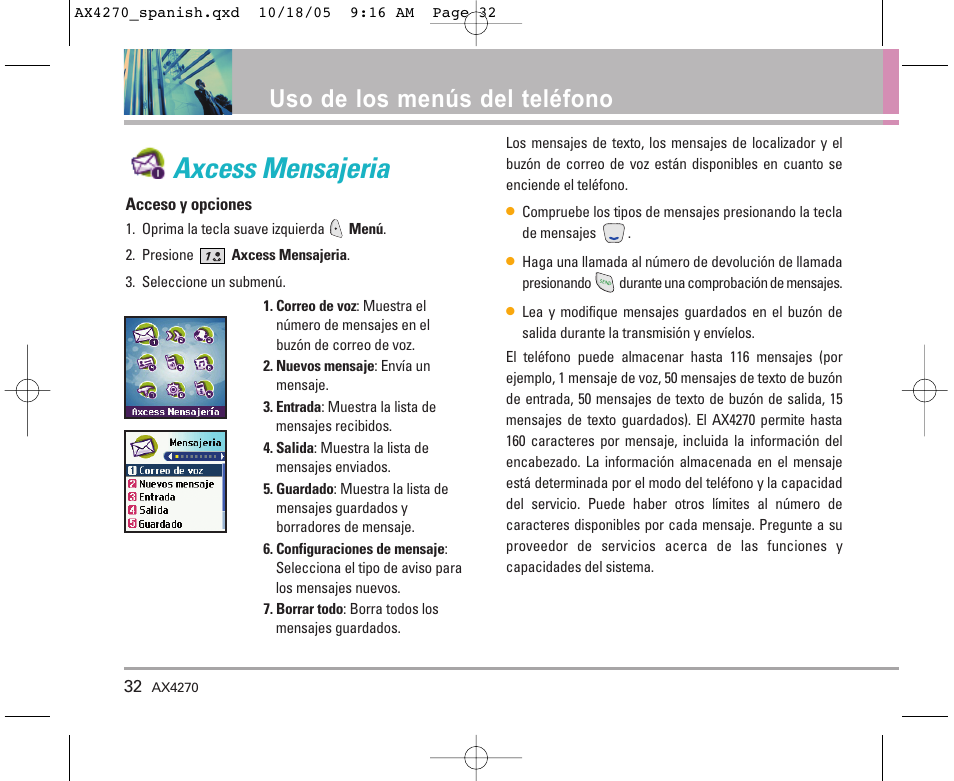 Axcess mensajeria, Uso de los menús del teléfono | LG LGAX4270 User Manual | Page 120 / 175