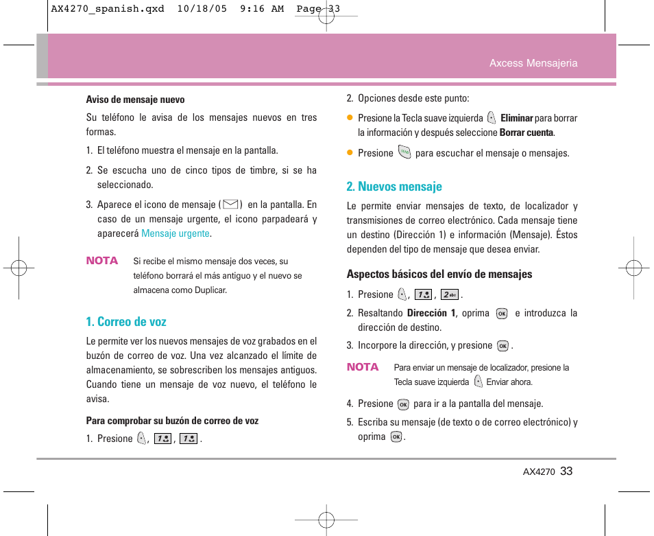 Correo de voz, Nuevos mensaje | LG LGAX4270 User Manual | Page 121 / 175