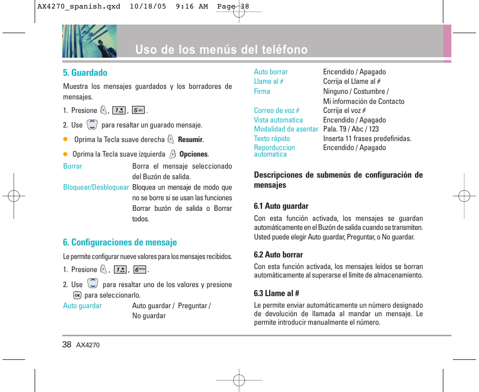 Uso de los menús del teléfono, Guardado, Configuraciones de mensaje | LG LGAX4270 User Manual | Page 126 / 175