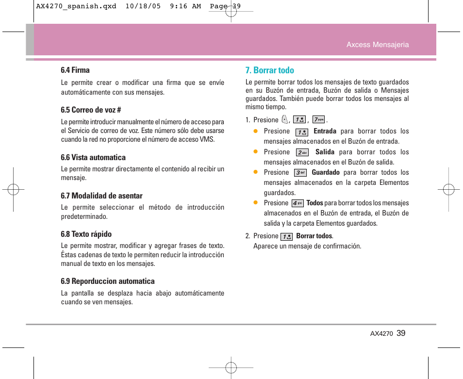 Borrar todo | LG LGAX4270 User Manual | Page 127 / 175