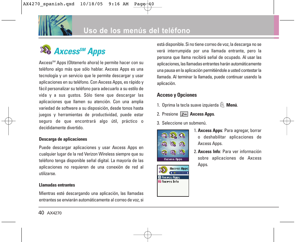 Axcess, Apps, Uso de los menús del teléfono | LG LGAX4270 User Manual | Page 128 / 175