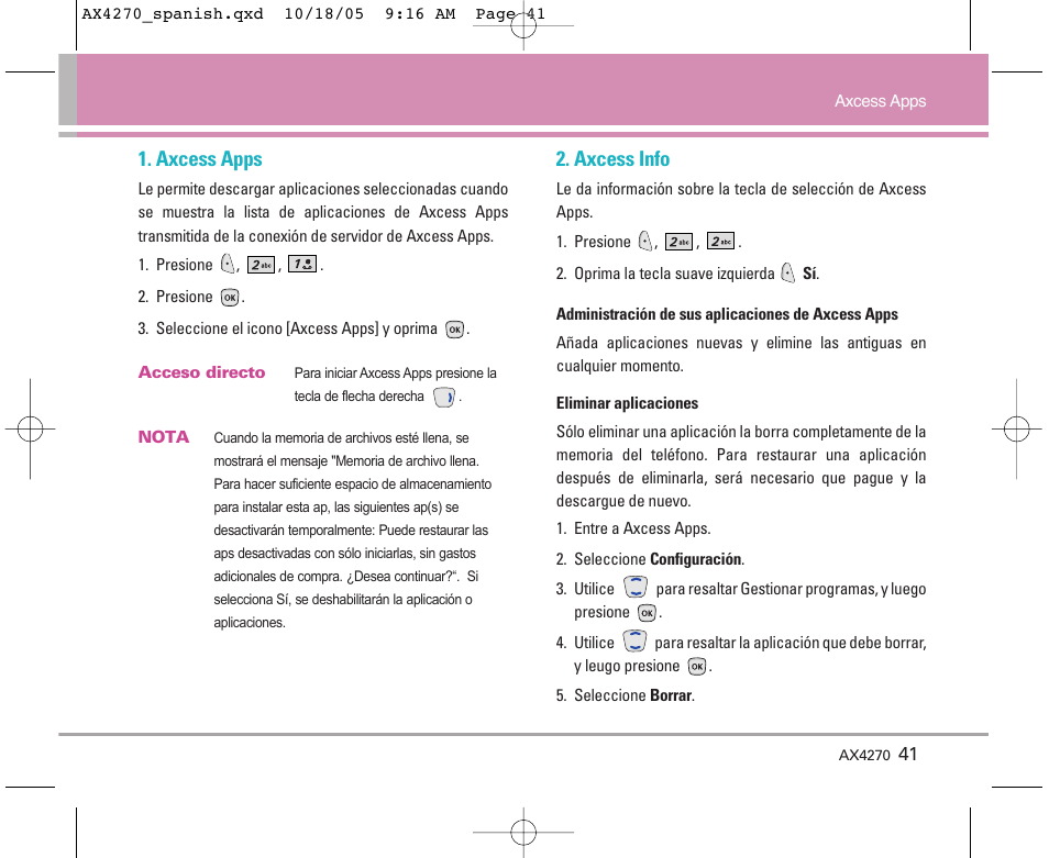 Axcess apps, Axcess info | LG LGAX4270 User Manual | Page 129 / 175