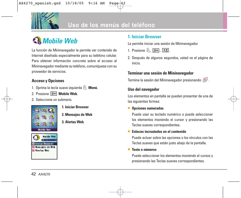 Mobile web, Uso de los menús del teléfono, Iniciar browser | LG LGAX4270 User Manual | Page 130 / 175