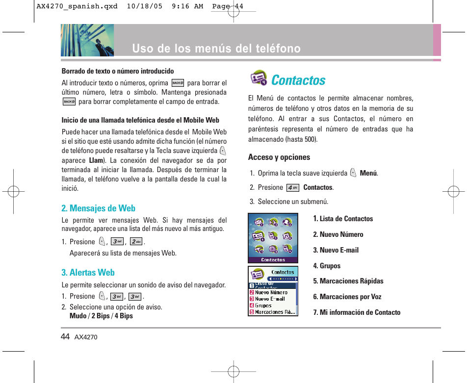 Contactos, Uso de los menús del teléfono | LG LGAX4270 User Manual | Page 132 / 175