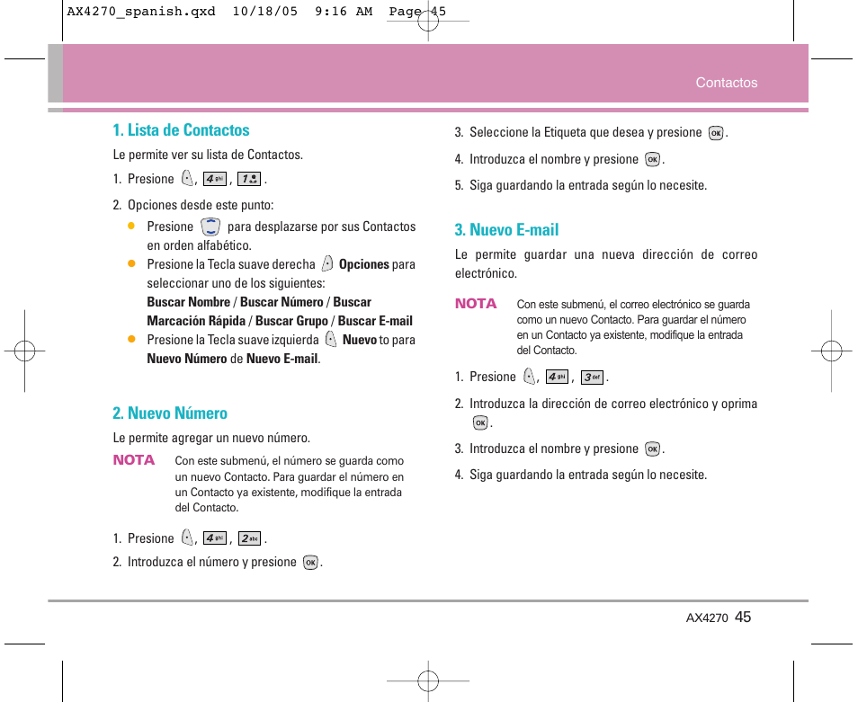 Lista de contactos, Nuevo número, Nuevo e-mail | LG LGAX4270 User Manual | Page 133 / 175