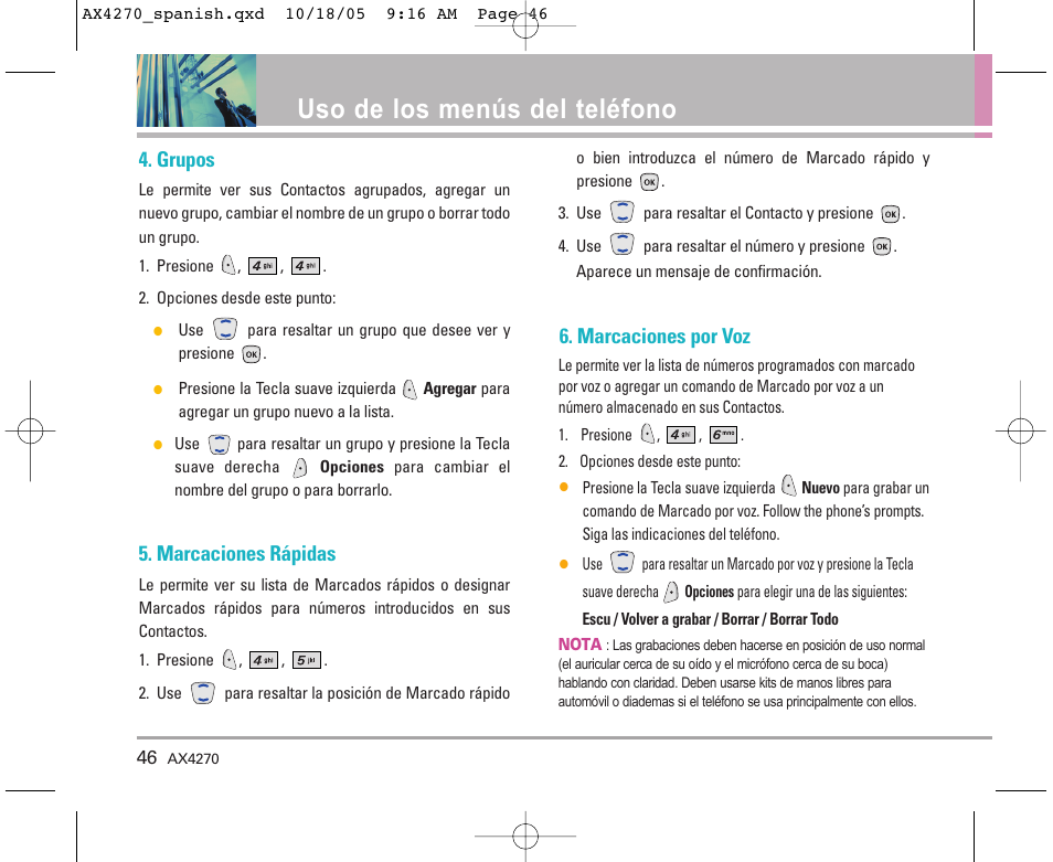 Uso de los menús del teléfono, Grupos, Marcaciones rápidas | Marcaciones por voz | LG LGAX4270 User Manual | Page 134 / 175