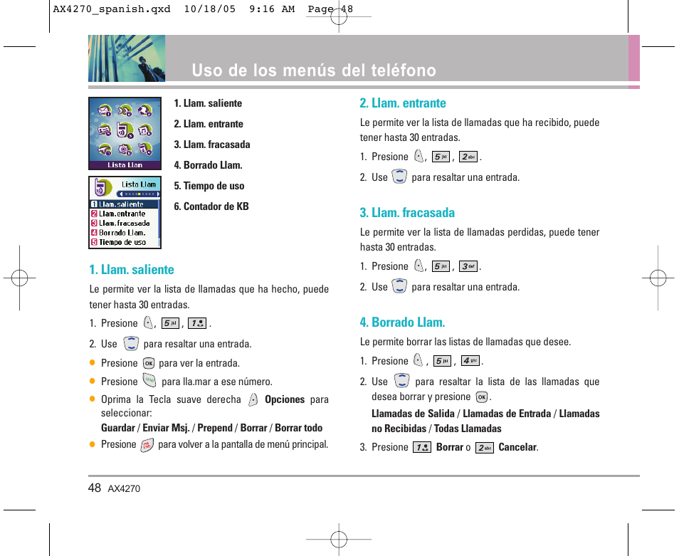 Uso de los menús del teléfono, Llam. saliente, Llam. entrante | Llam. fracasada, Borrado llam | LG LGAX4270 User Manual | Page 136 / 175