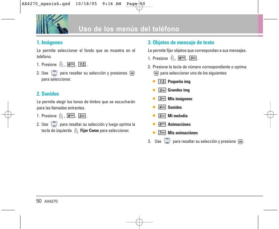 Uso de los menús del teléfono, Imágenes, Sonidos | Objetos de mensaje de texto | LG LGAX4270 User Manual | Page 138 / 175