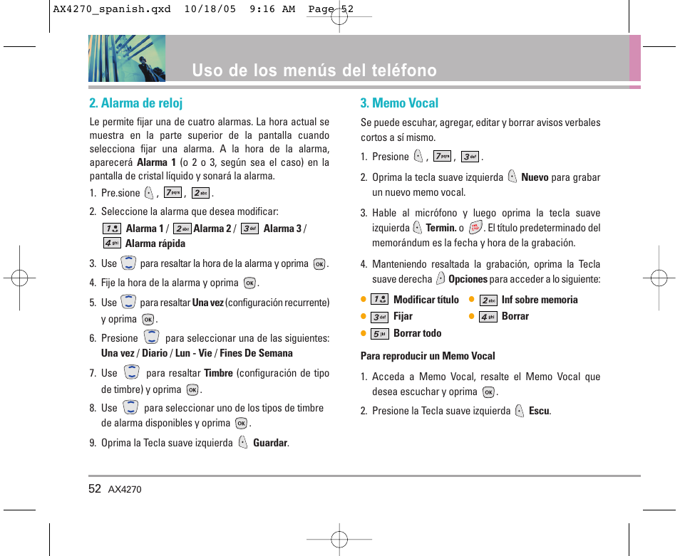 Uso de los menús del teléfono, Alarma de reloj | LG LGAX4270 User Manual | Page 140 / 175