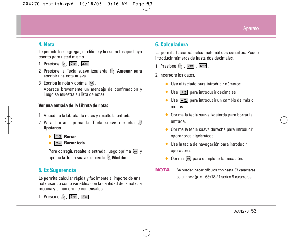 Nota, Ez sugerencia, Calculadora | LG LGAX4270 User Manual | Page 141 / 175