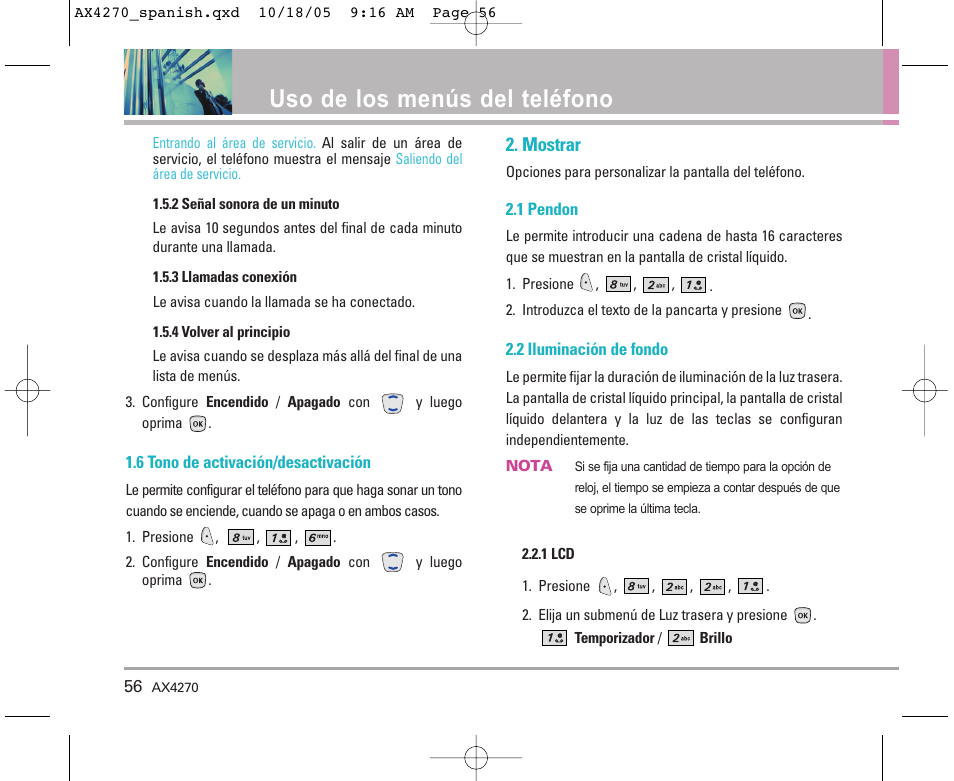 Uso de los menús del teléfono, Mostrar | LG LGAX4270 User Manual | Page 144 / 175
