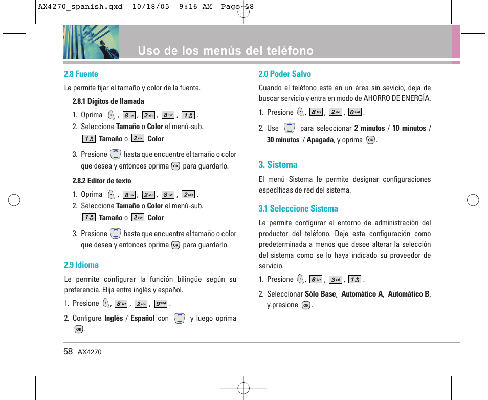 Uso de los menús del teléfono, Sistema | LG LGAX4270 User Manual | Page 146 / 175