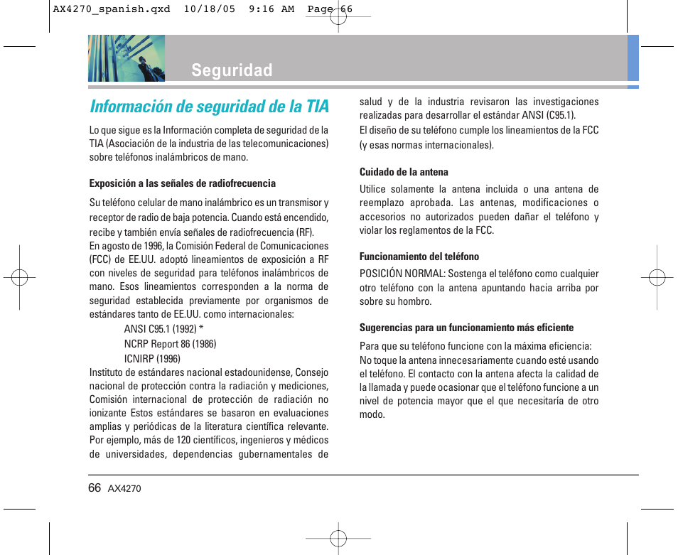 Información de seguridad de la tia, Seguridad | LG LGAX4270 User Manual | Page 154 / 175