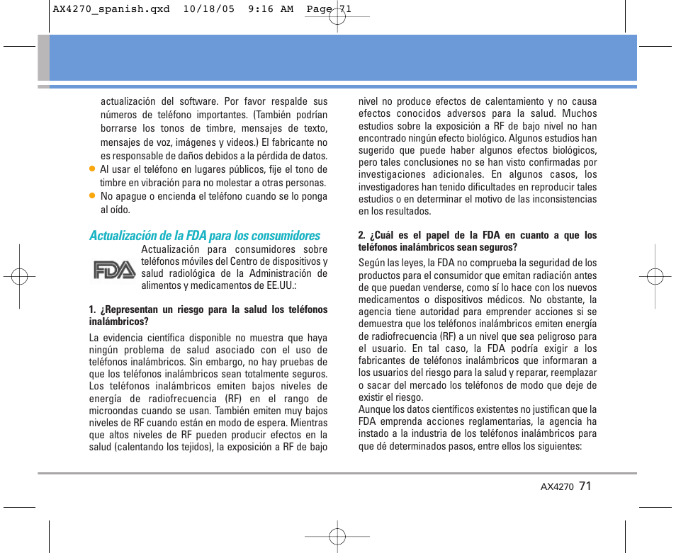 Actualización de la fda para los consumidores | LG LGAX4270 User Manual | Page 159 / 175