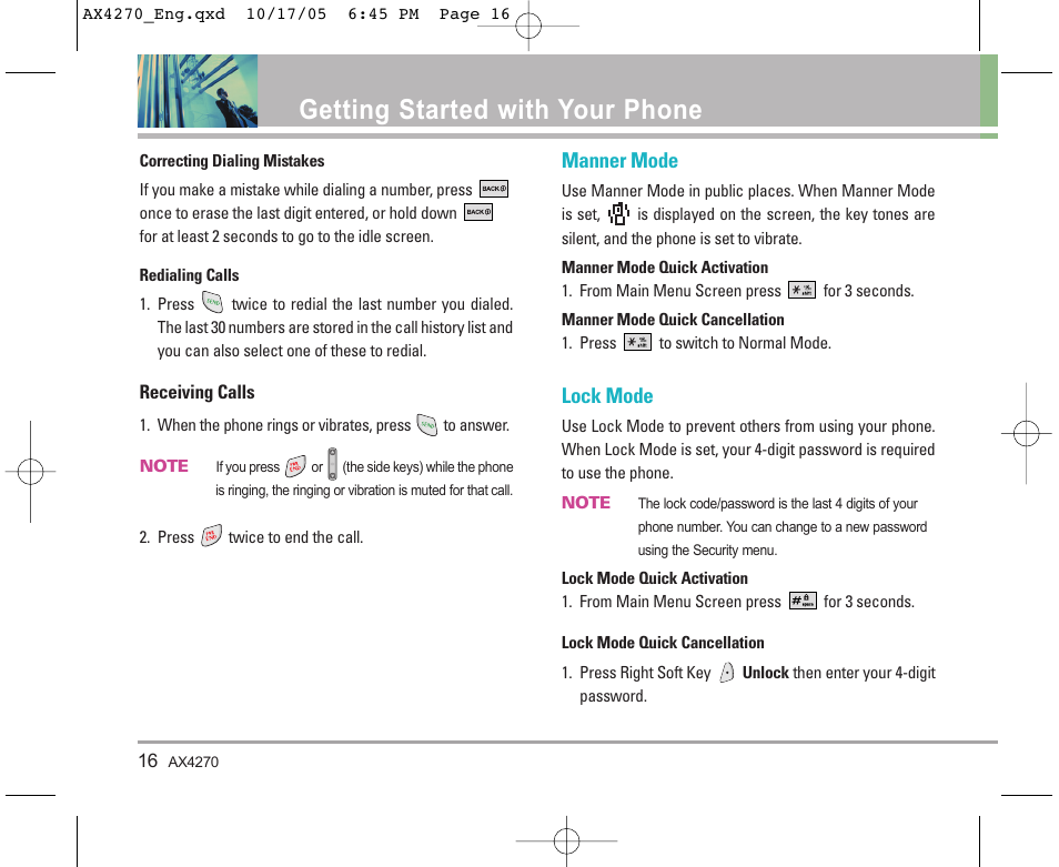 Getting started with your phone, Manner mode, Lock mode | LG LGAX4270 User Manual | Page 17 / 175