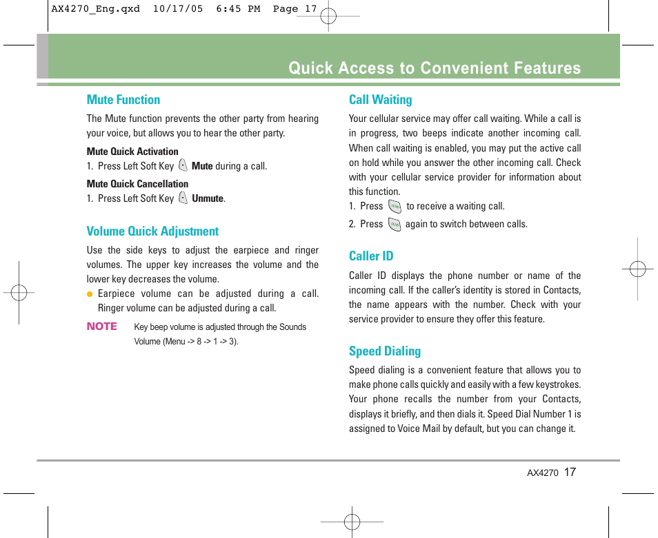 Quick access to convenient features, Mute function, Volume quick adjustment | Call waiting, Caller id, Speed dialing | LG LGAX4270 User Manual | Page 18 / 175