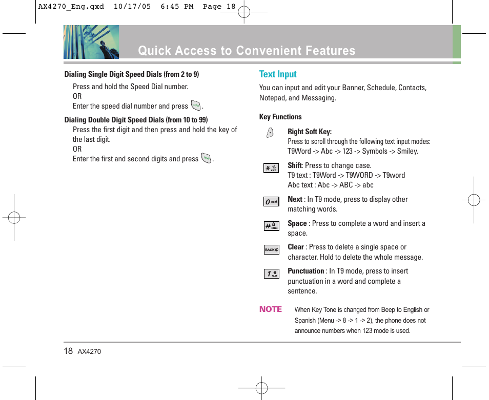 Quick access to convenient features, Text input | LG LGAX4270 User Manual | Page 19 / 175