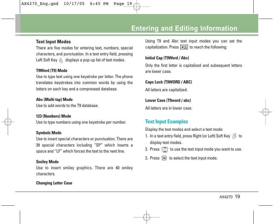 Entering and editing information, Text input examples | LG LGAX4270 User Manual | Page 20 / 175