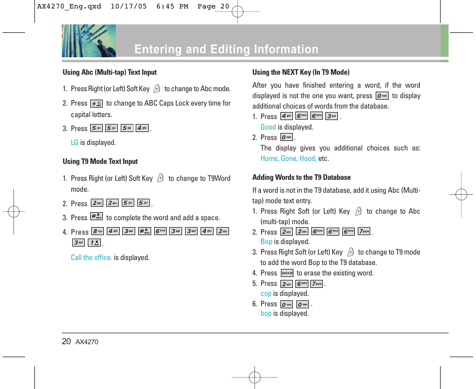 Entering and editing information | LG LGAX4270 User Manual | Page 21 / 175