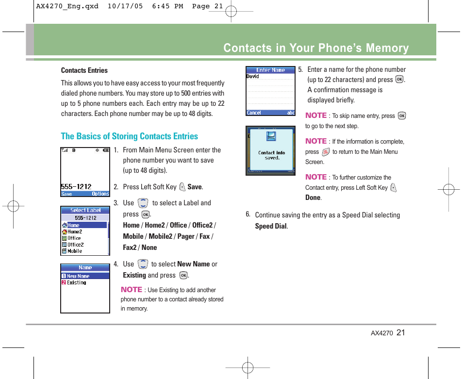 The basics of storing contacts entries | LG LGAX4270 User Manual | Page 22 / 175