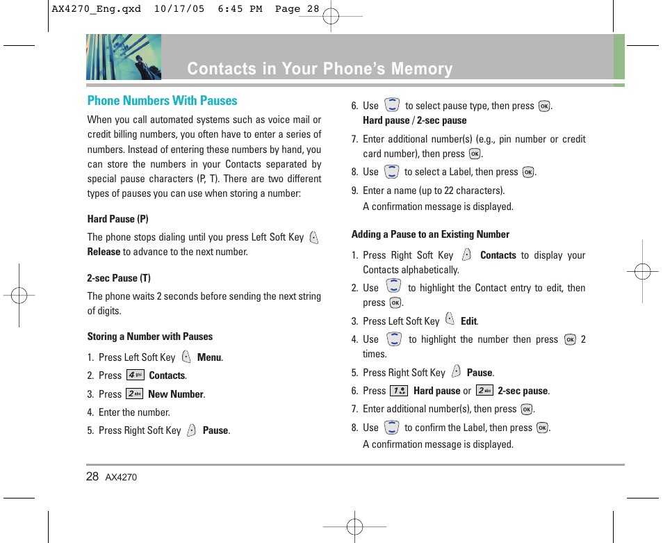 Phone numbers with pauses | LG LGAX4270 User Manual | Page 29 / 175