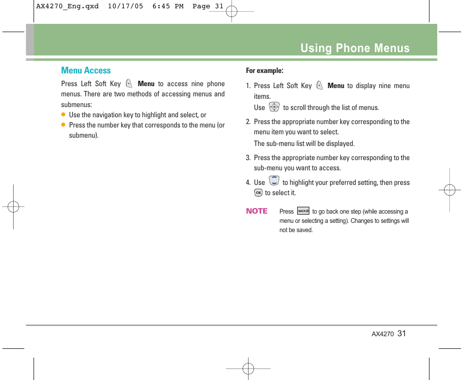 Using phone menus, Menu access | LG LGAX4270 User Manual | Page 32 / 175