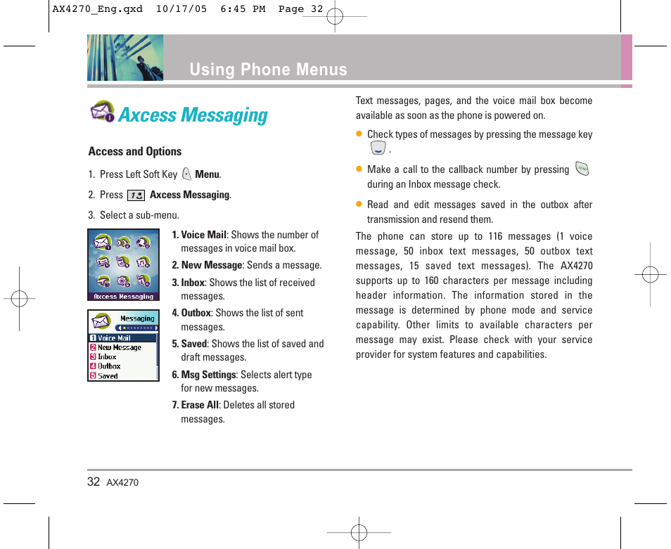 Axcess messaging, Using phone menus | LG LGAX4270 User Manual | Page 33 / 175