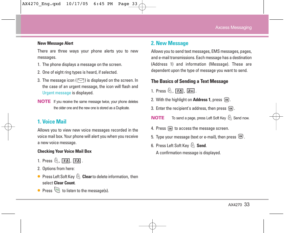 Voice mail, New message | LG LGAX4270 User Manual | Page 34 / 175