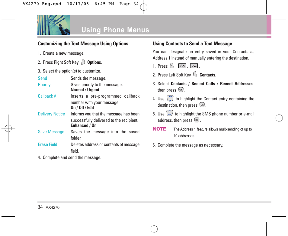 Using phone menus | LG LGAX4270 User Manual | Page 35 / 175