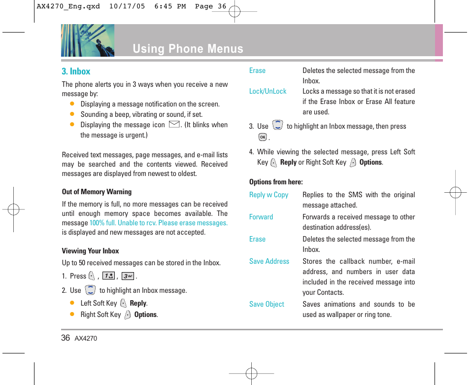 Using phone menus, Inbox | LG LGAX4270 User Manual | Page 37 / 175